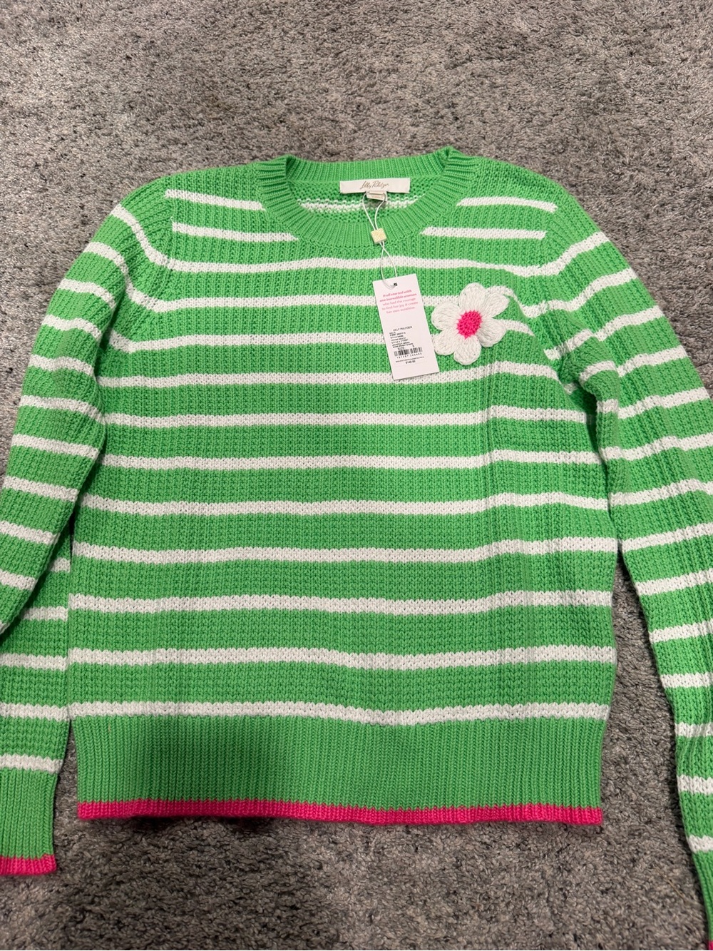 Lilly Pulitzer Green & White Striped Crew Sweater with Daisy Applique